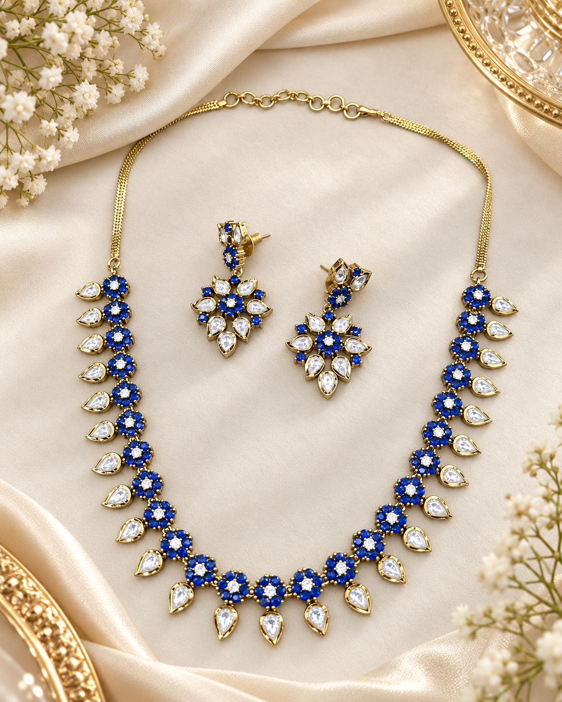 Floral American Diamond Necklace & Drop Earrings Set