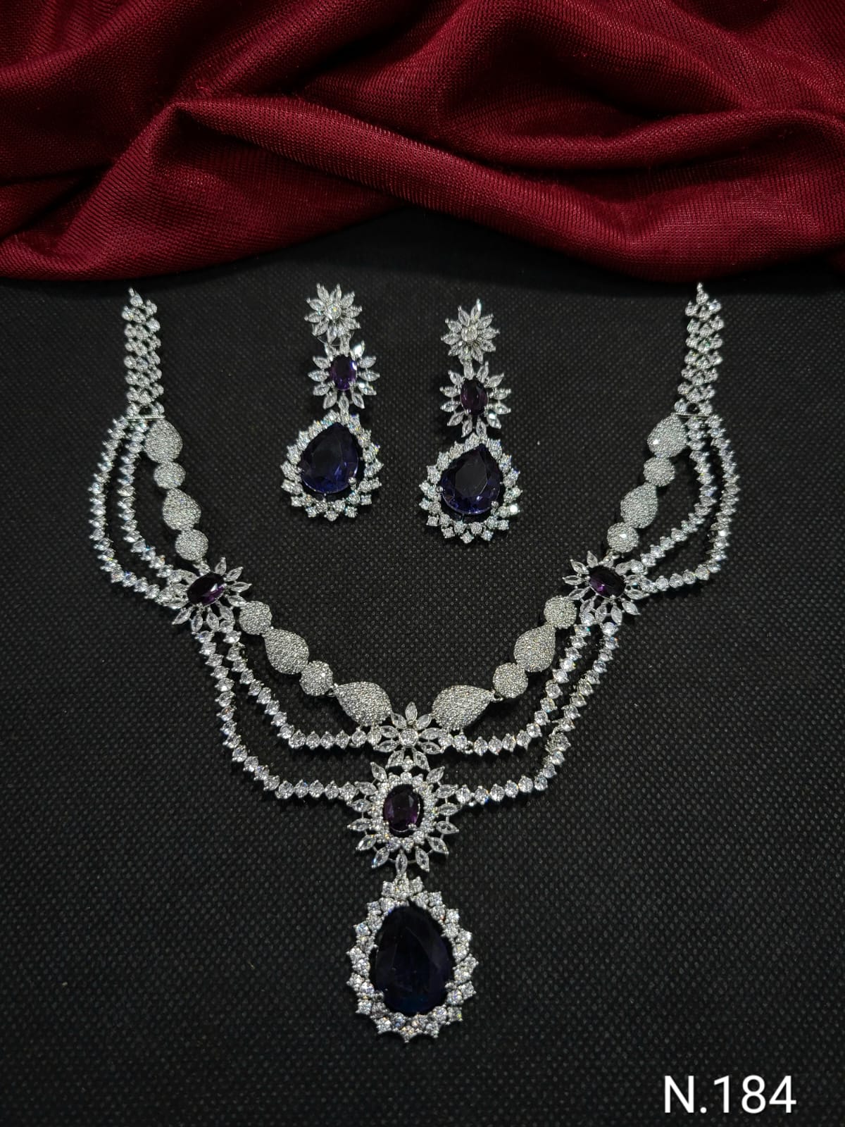 Fashionable American Diamond Silver Toned Studded Jewellery Set With earring Necklace Set