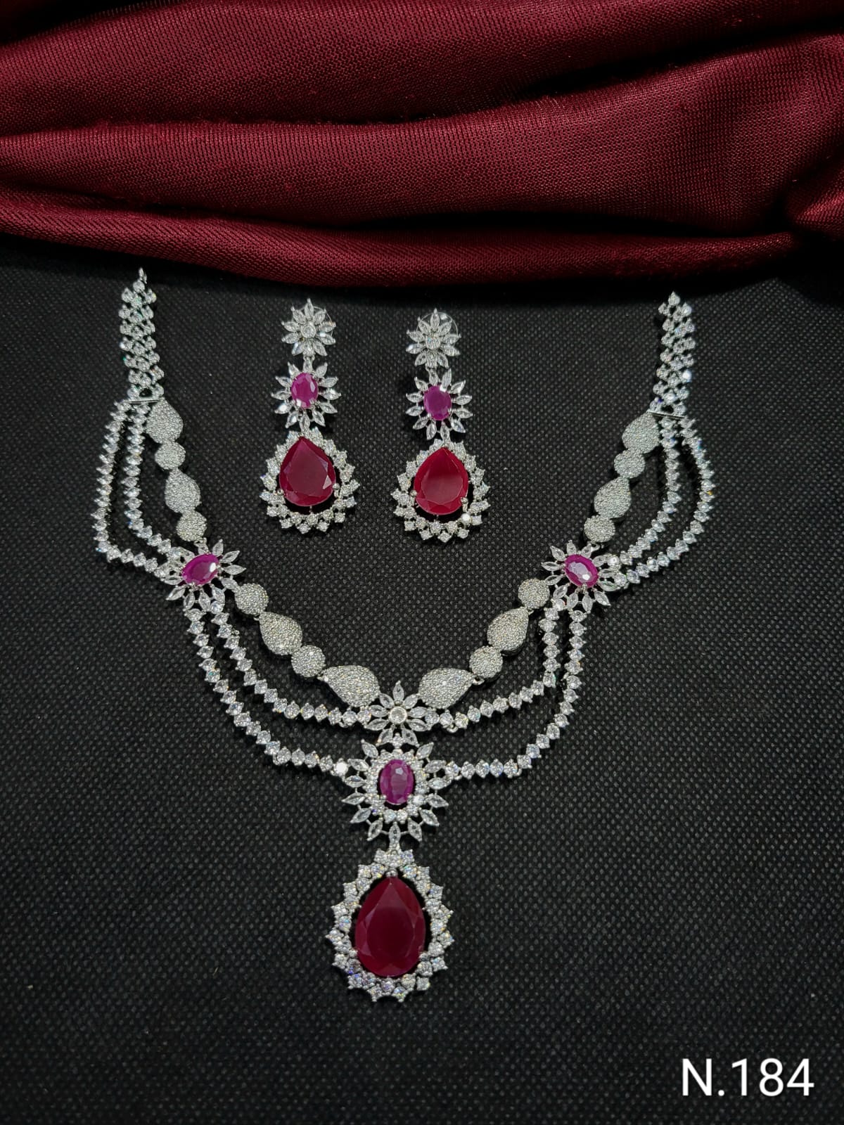 Fashionable American Diamond Silver Toned Studded Jewellery Set With earring Necklace Set