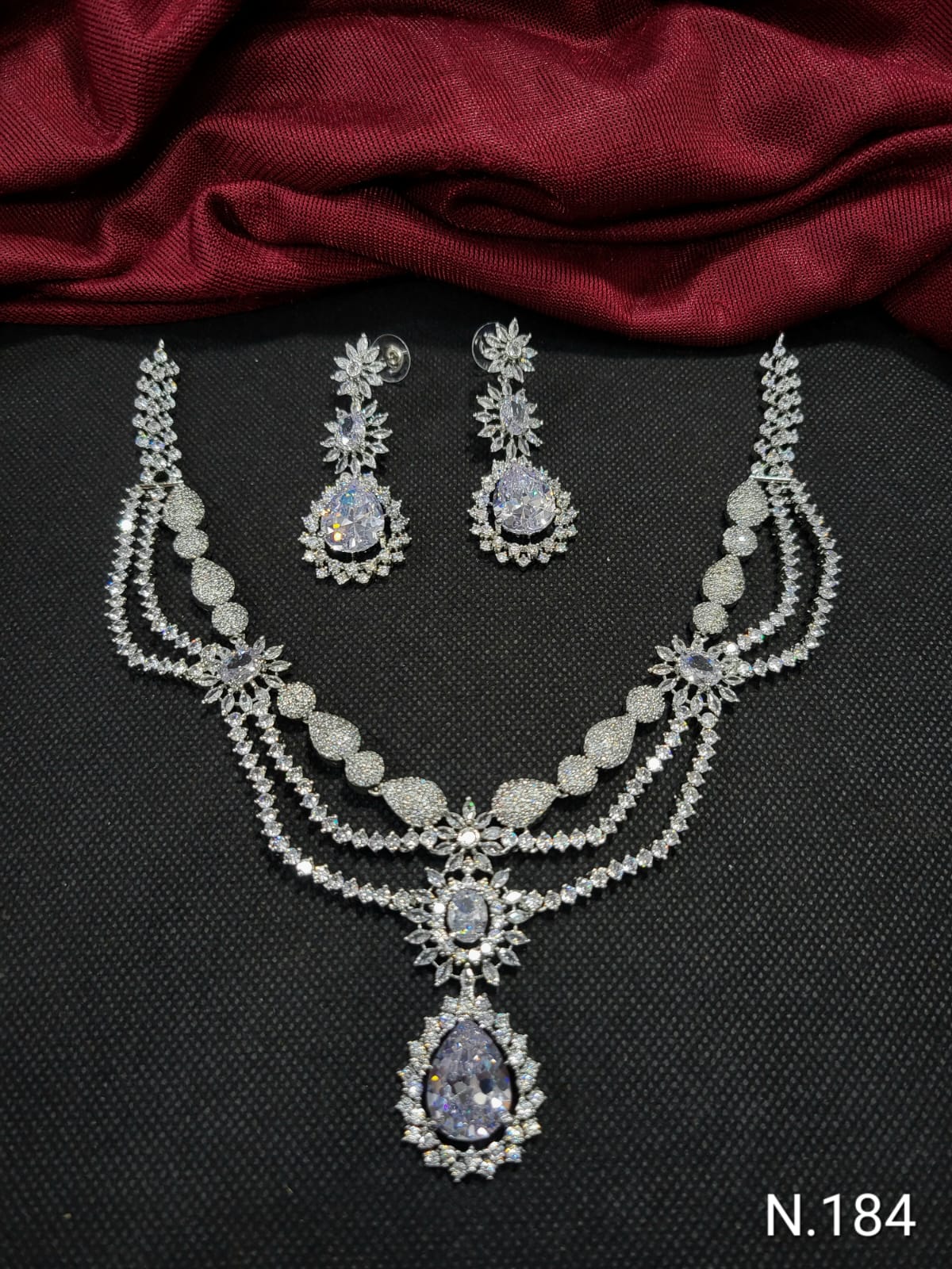 Fashionable American Diamond Silver Toned Studded Jewellery Set With earring Necklace Set