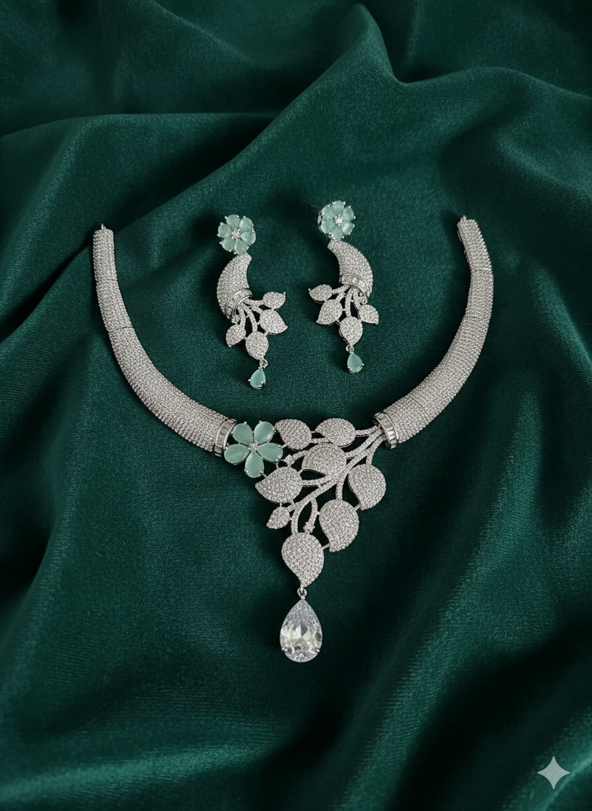 Silver Plated Diamond-Look Floral Necklace Set