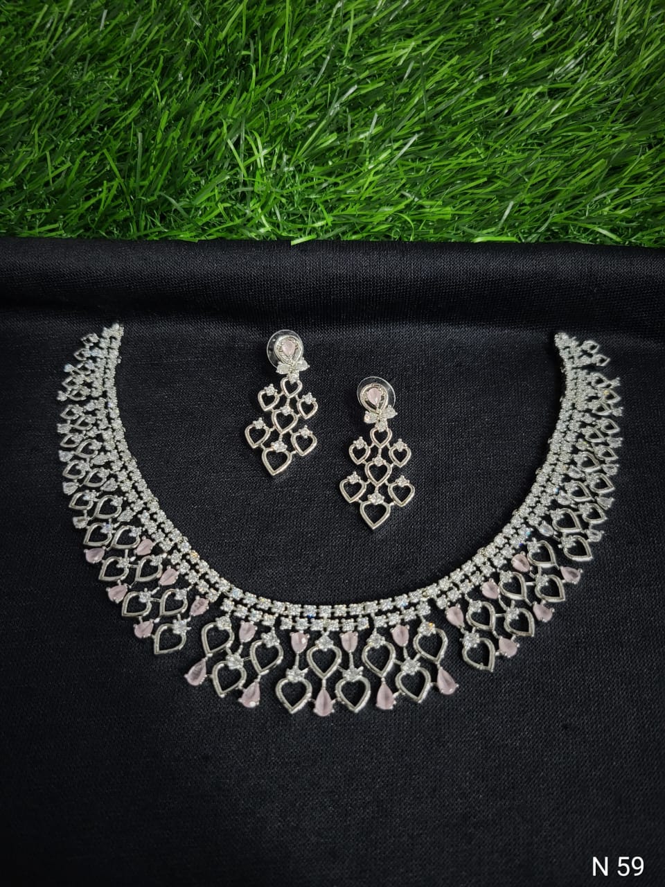 Royal Blue Heart-Filigree AD Choker Set with Chandelier Earrings