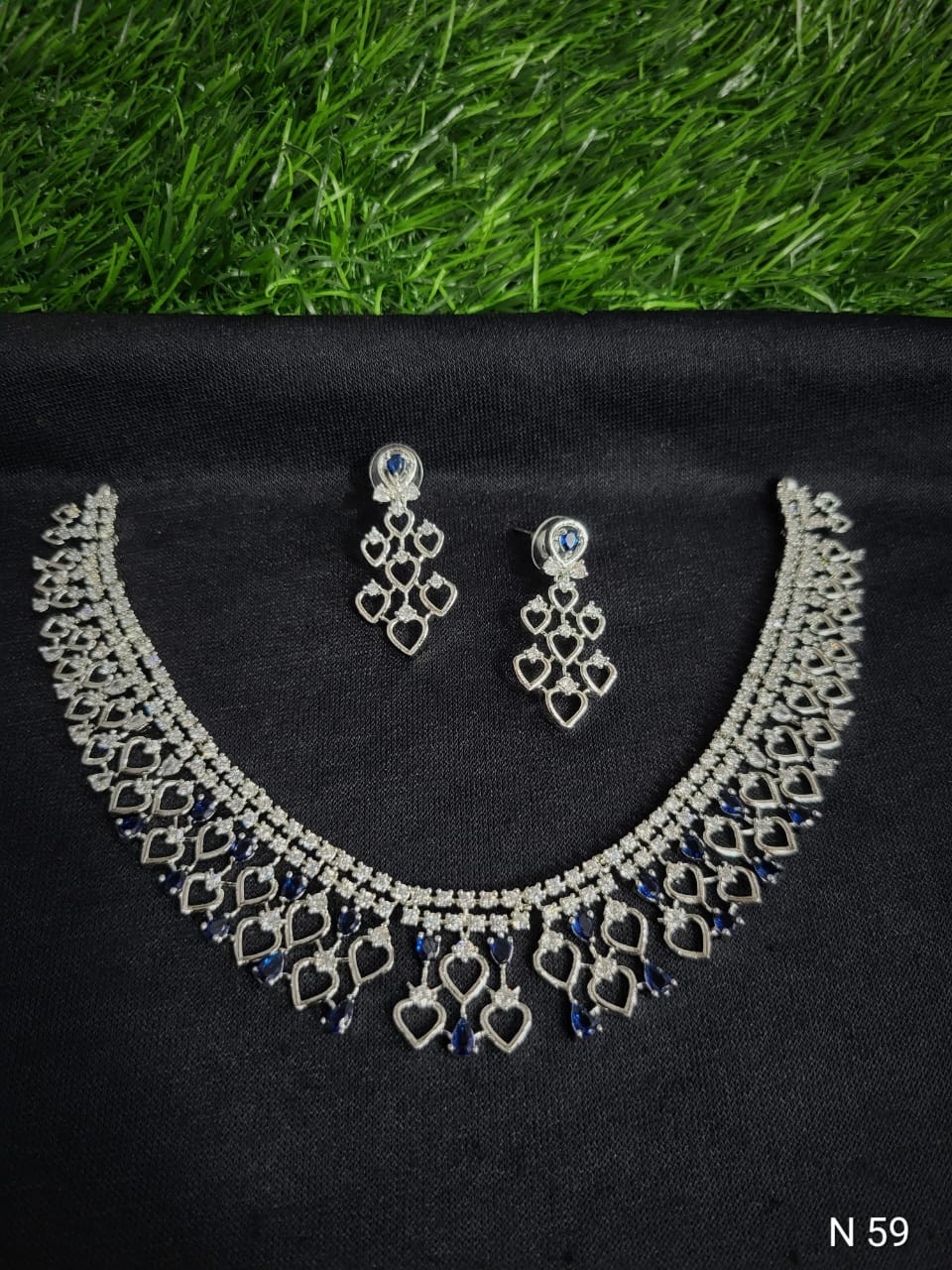 Royal Blue Heart-Filigree AD Choker Set with Chandelier Earrings