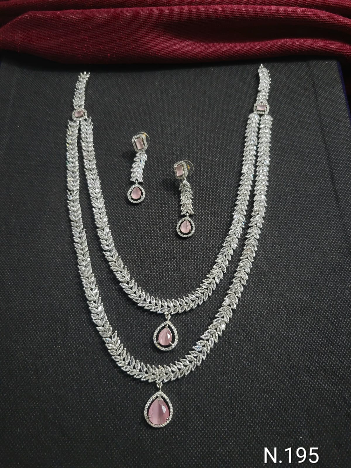 Silver Plated With American Diamond double layer Design Studded Necklace Set with Earrings Jewellery Set For Women And Girls