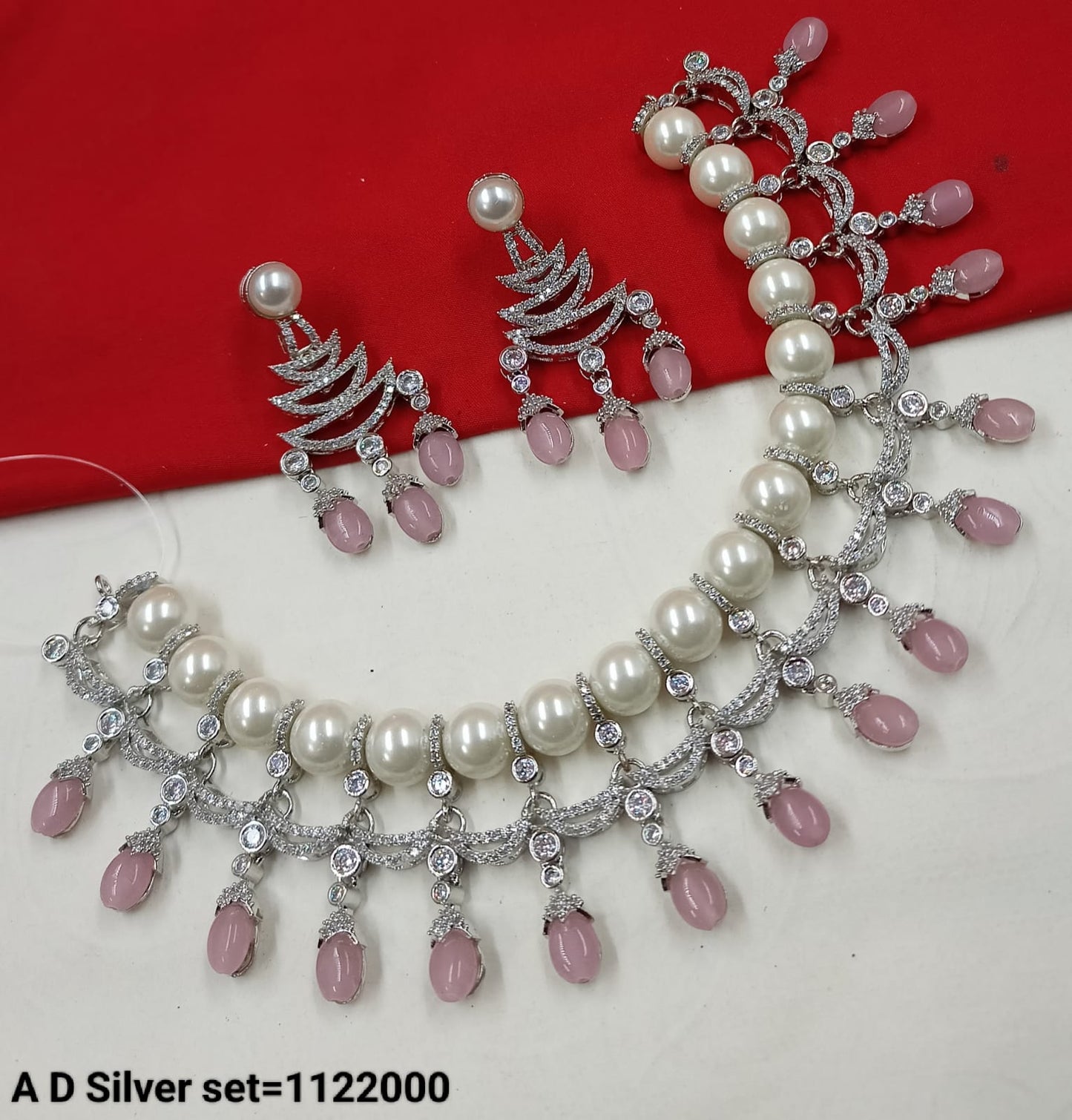 Pearl & Baby Pink Silver Finish AD Choker Set