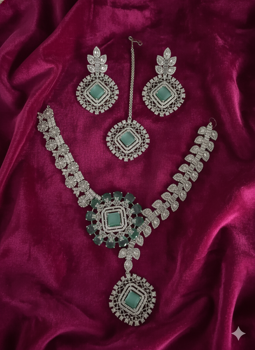 Uncut Diamond Style Polki & Emerald Green Stone Bridal Set