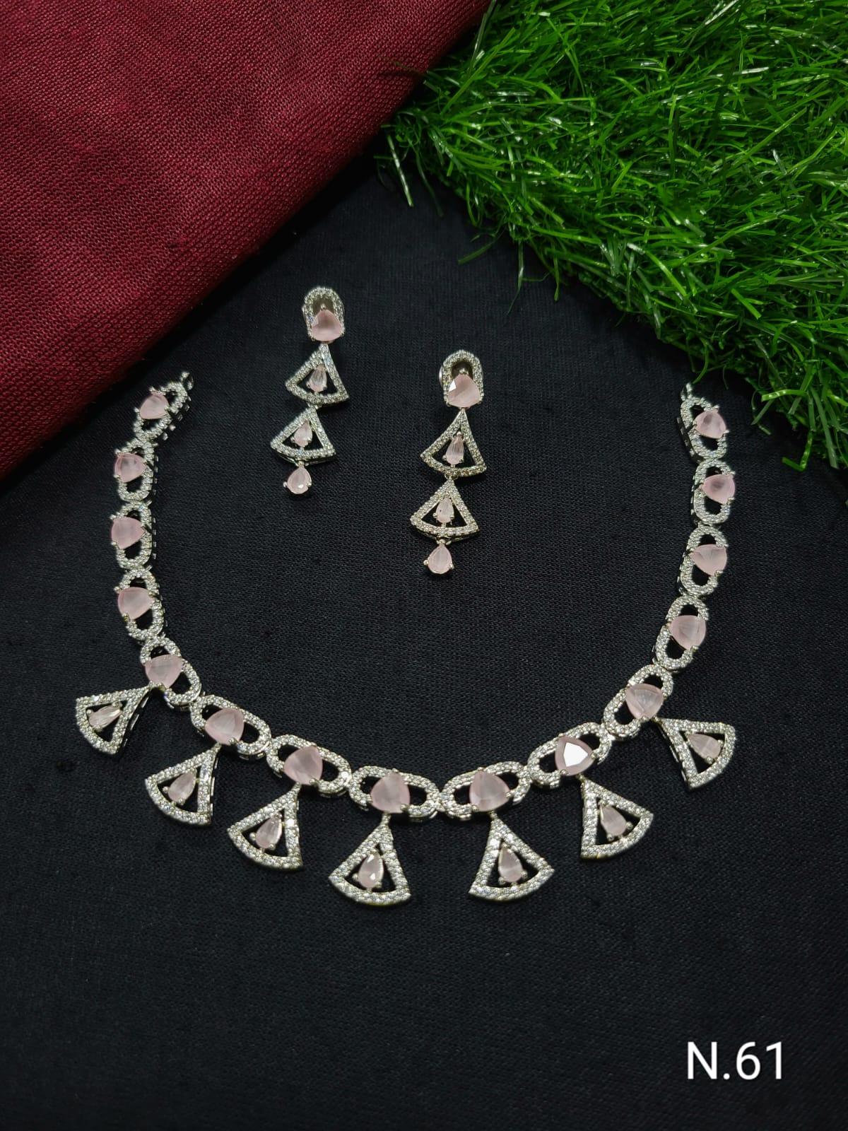 Geometric Triangle & Baby Pink Heart American Diamond Necklace Set