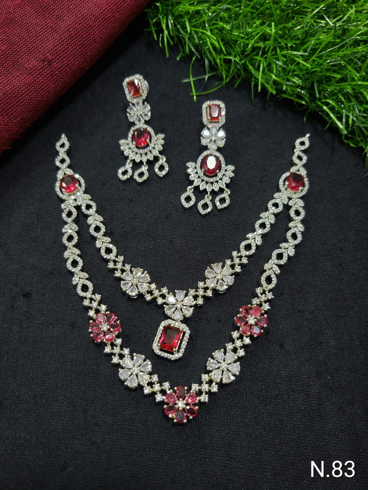 Rani Pink Double Layered AD Necklace Set