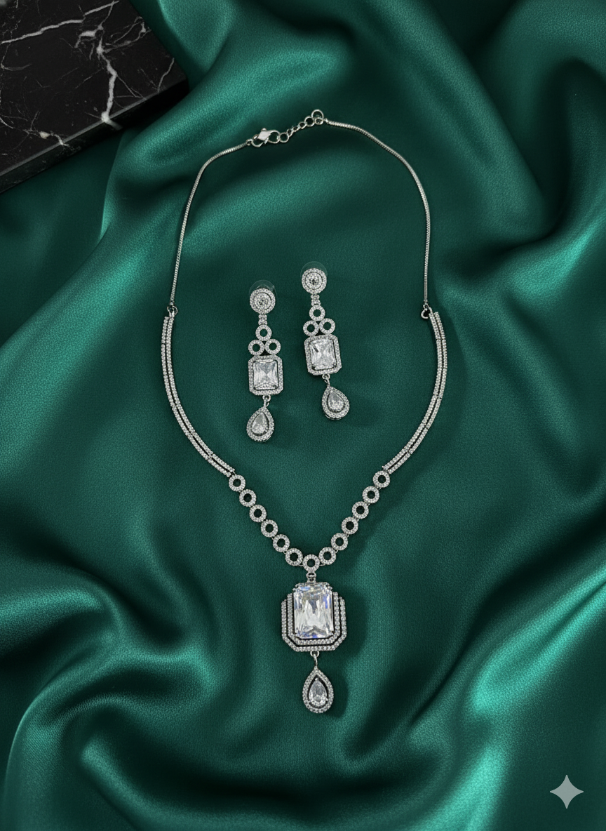 Square-Cut Crystal Bridal Necklace with Pear Drop Accents