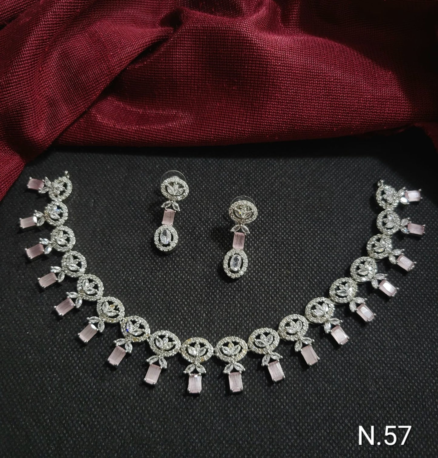 Silver Plated American Diamond Studded Fashionable Necklace Set With Earrings Jewellery Set For Girls And Women