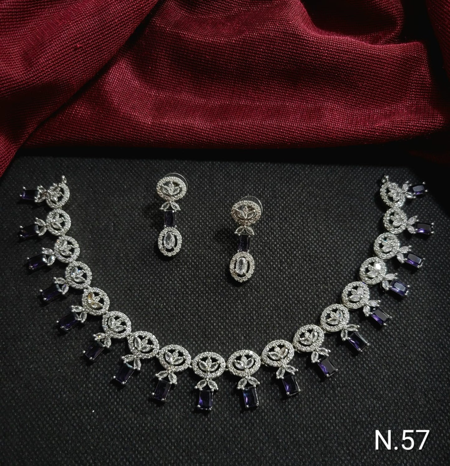 Silver Plated American Diamond Studded Fashionable Necklace Set With Earrings Jewellery Set For Girls And Women