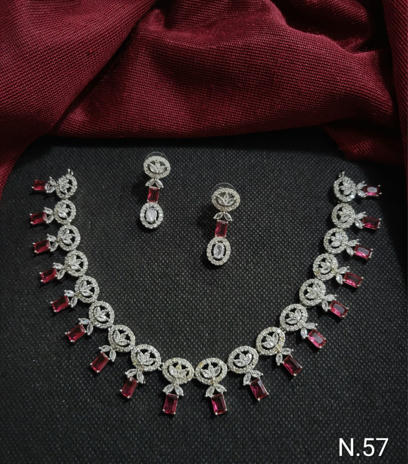 Silver Plated American Diamond Studded Fashionable Necklace Set With Earrings Jewellery Set For Girls And Women