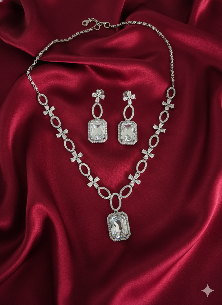 Elegant White AD Stone Emerald Cut Necklace Set