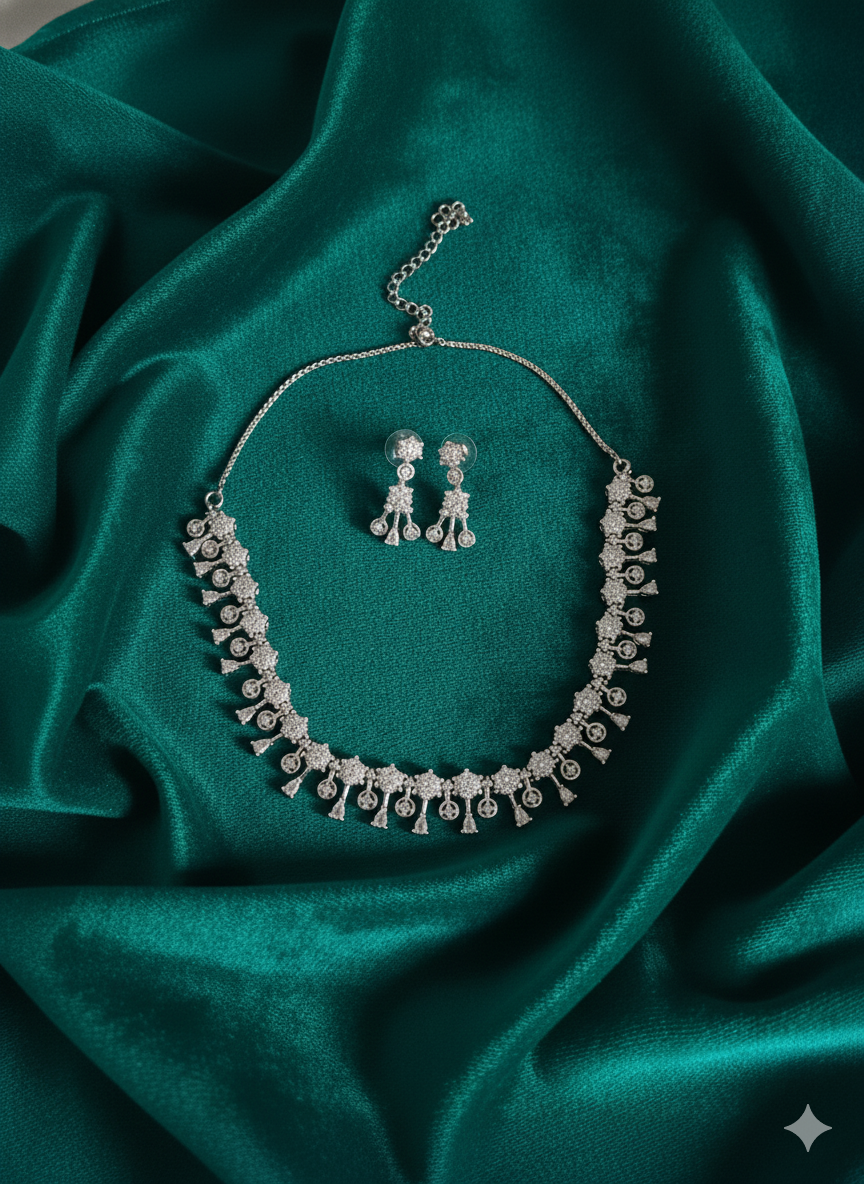 American Diamond Garland Fringe Silver Necklace Set