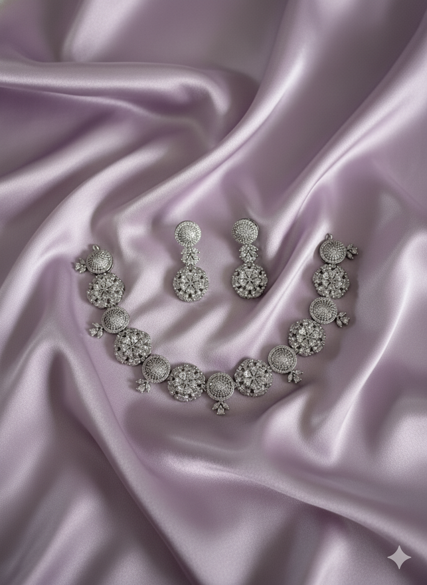 Intricate American Diamond Flower Motif Necklace Set