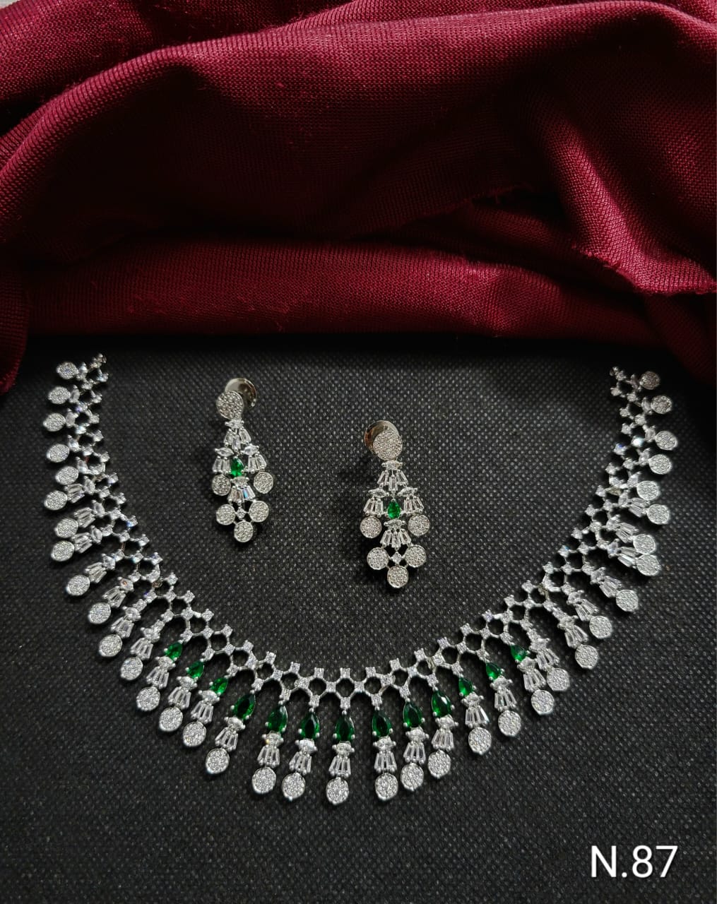 American Diamond Silver Plated Green Colour Choker Necklace Set With Earing Jewellery Set For Girl And Women