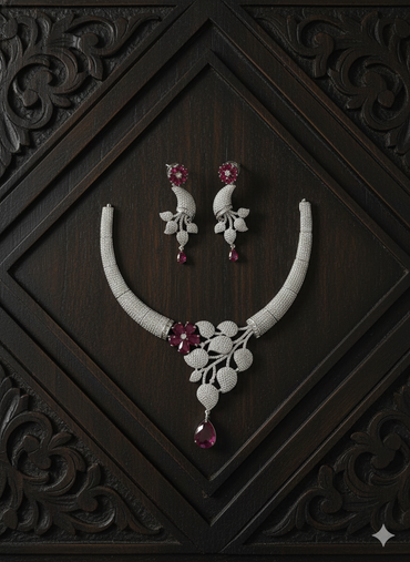 Elegant Micro-Pave Red Drop and Floral Jewellery Set