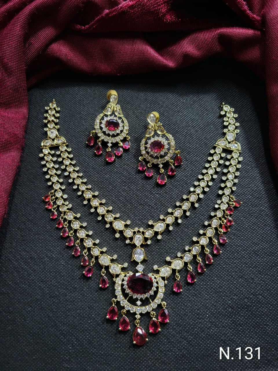 Fashionable American Diamond Double Layer Mehndi Polish Jewellery Set  With Earing Necklace Set For Girl & Women