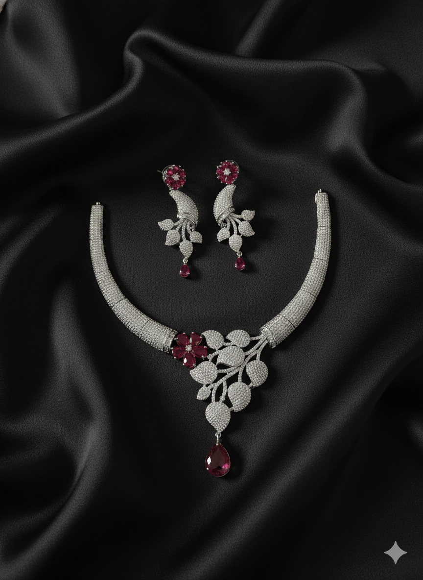 Elegant Micro-Pave Red Drop and Floral Jewellery Set