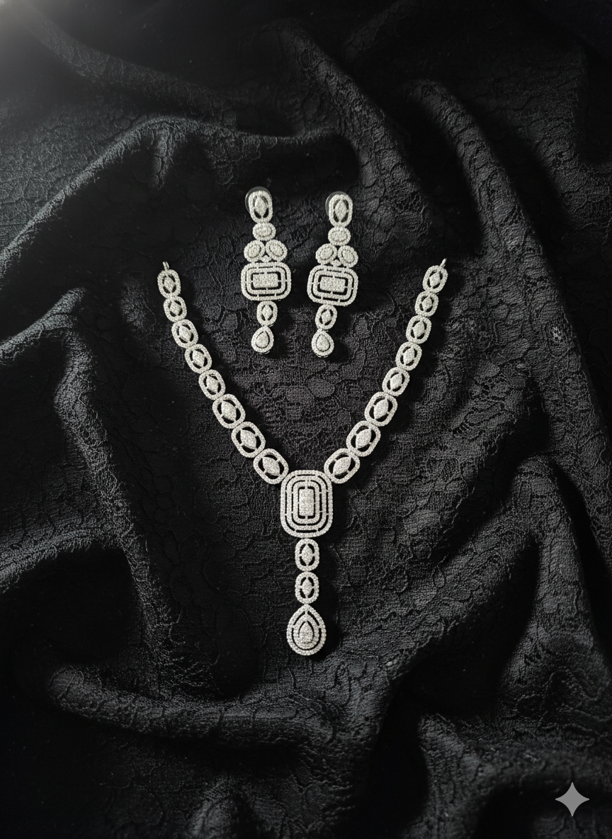 Bridal Emerald Cut Drop American Diamond Necklace Set