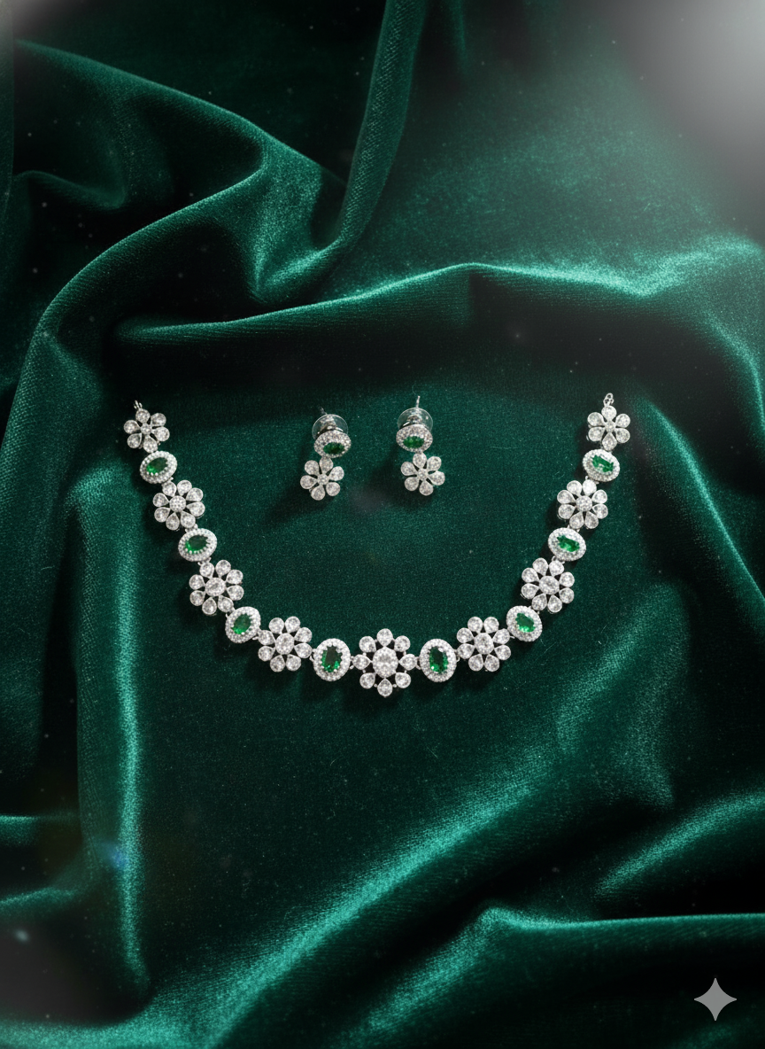 Oval Green Gemstone and CZ Cluster Necklace Set