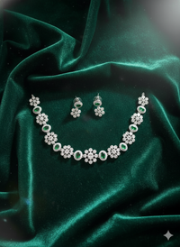 Oval Green Gemstone and CZ Cluster Necklace Set
