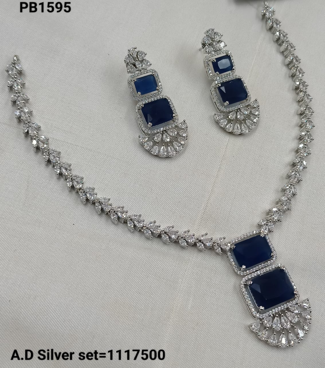 Royal Blue Square Drop American Diamond Necklace Set