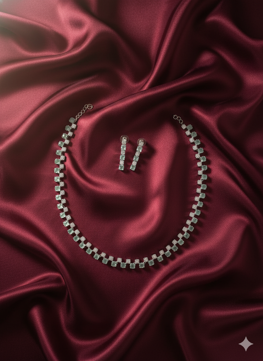 Elegant Mint Green and AD Tennis Link Jewellery Set