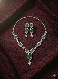 Ad Art Deco Emerald Necklace With Drop Earrings For Woman & Girls