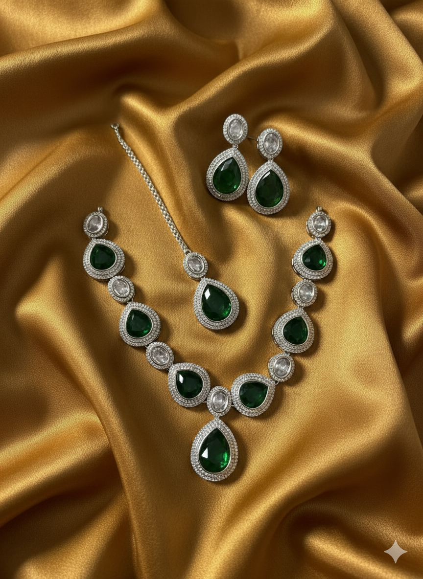 Green Teardrop Heirloom Style Emerald AD Jewelry Set