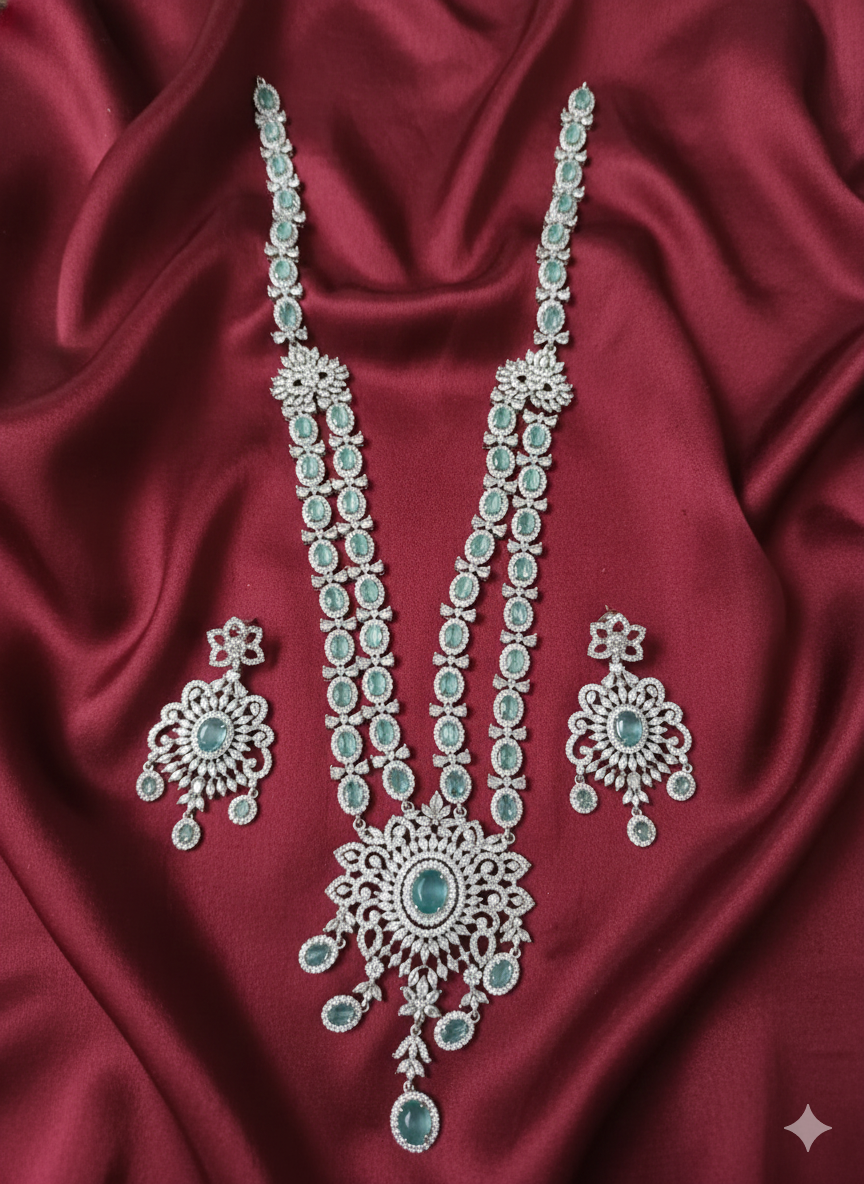 Majestic Sea Green & American Diamond Long Rani Haar Set