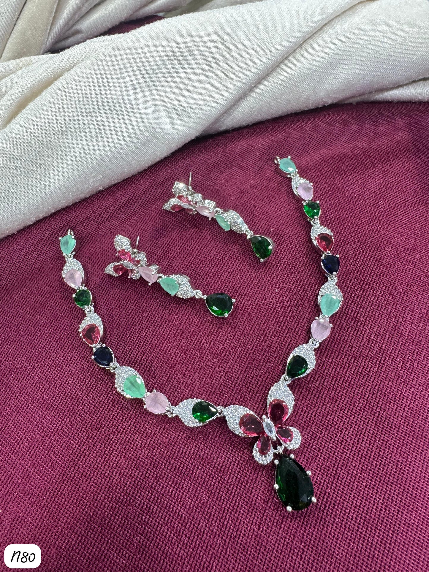 Butterfly Drop AD Stone Necklace Set with Matching Earrings
