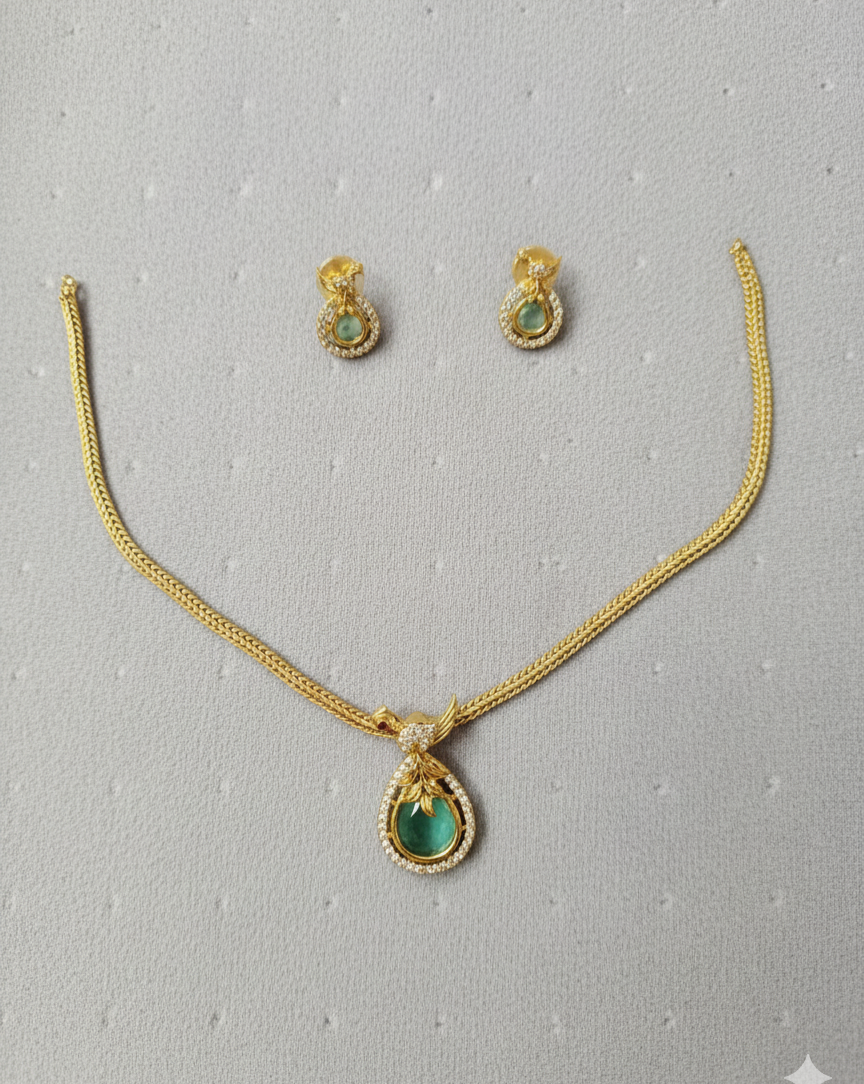 Emerald Green Teardrop Gold-Tone Necklace Set with Studs