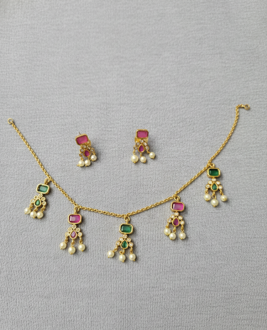 Multi-Color Ruby & Emerald AD Charm Necklace with Pearl Drops