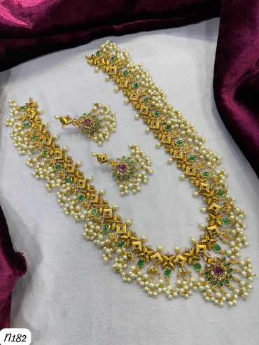 Traditional Pearl Cluster Necklace Set with Antique Finish – Bridal Jewellery Set