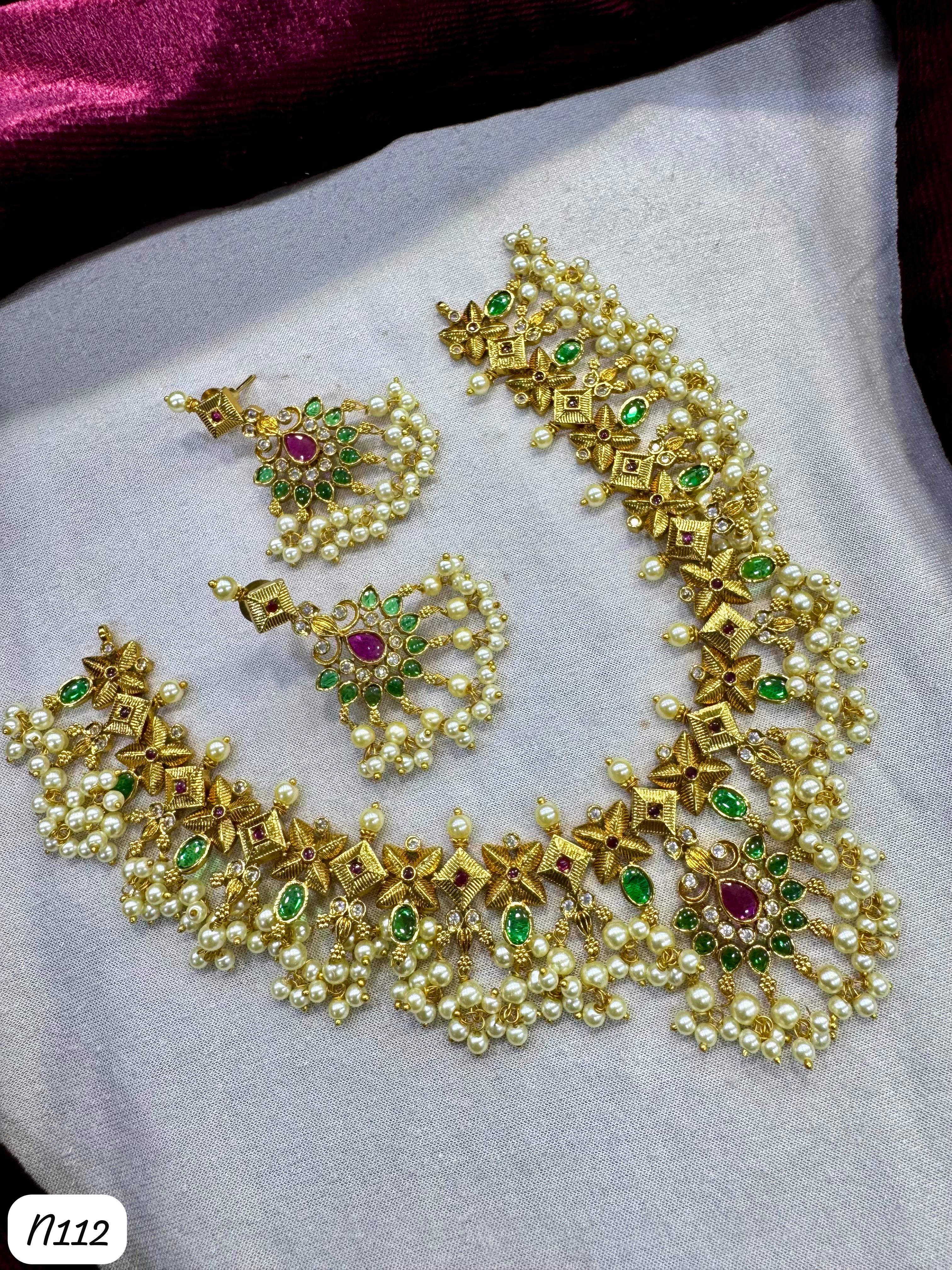 Elegant Pearl Cluster Necklace Set with Green & Pink Stones - Traditional Bridal Jewelry