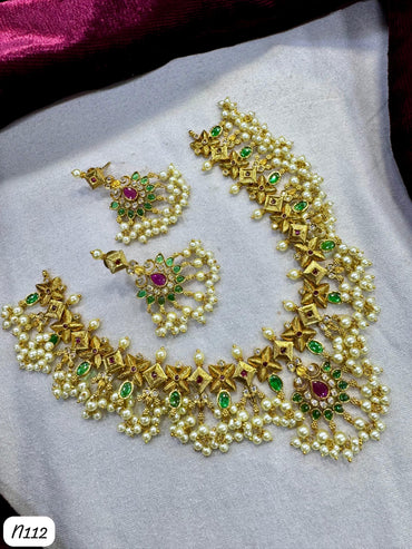 Elegant Pearl Cluster Necklace Set with Green & Pink Stones - Traditional Bridal Jewelry