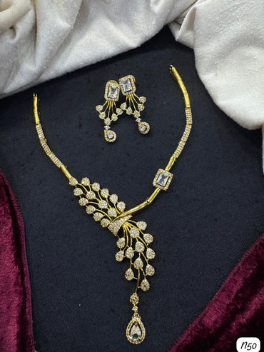 Elegant Pendant Necklace Set – Gold Finish with Sparkling Stones