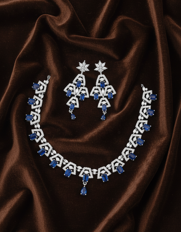 AD Stone Royal Blue Necklace and Dangle Earring Set