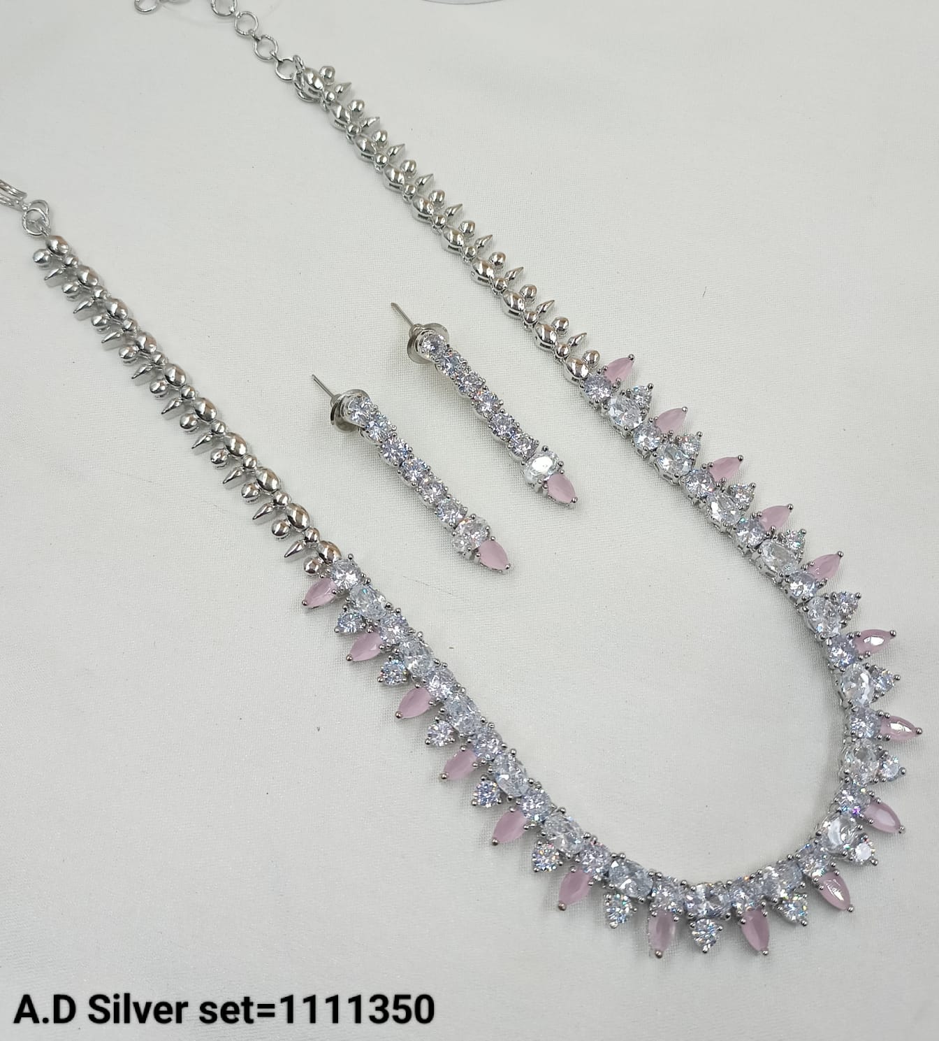 American Diamond Silver Plated Long Necklace set
