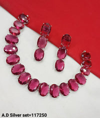 Silver Plated Oval American Diamond Necklace Set