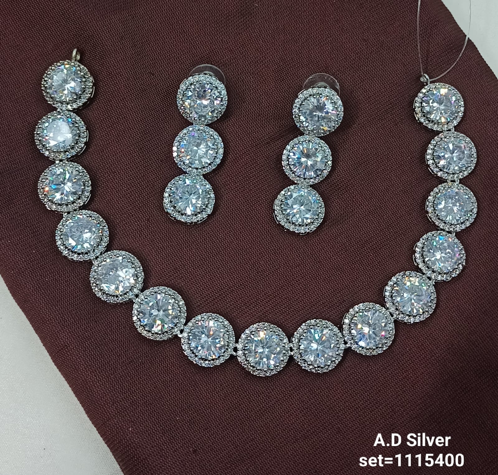 Luxury AD Silver Necklace & Earring Set – Classic Round-Cut Design