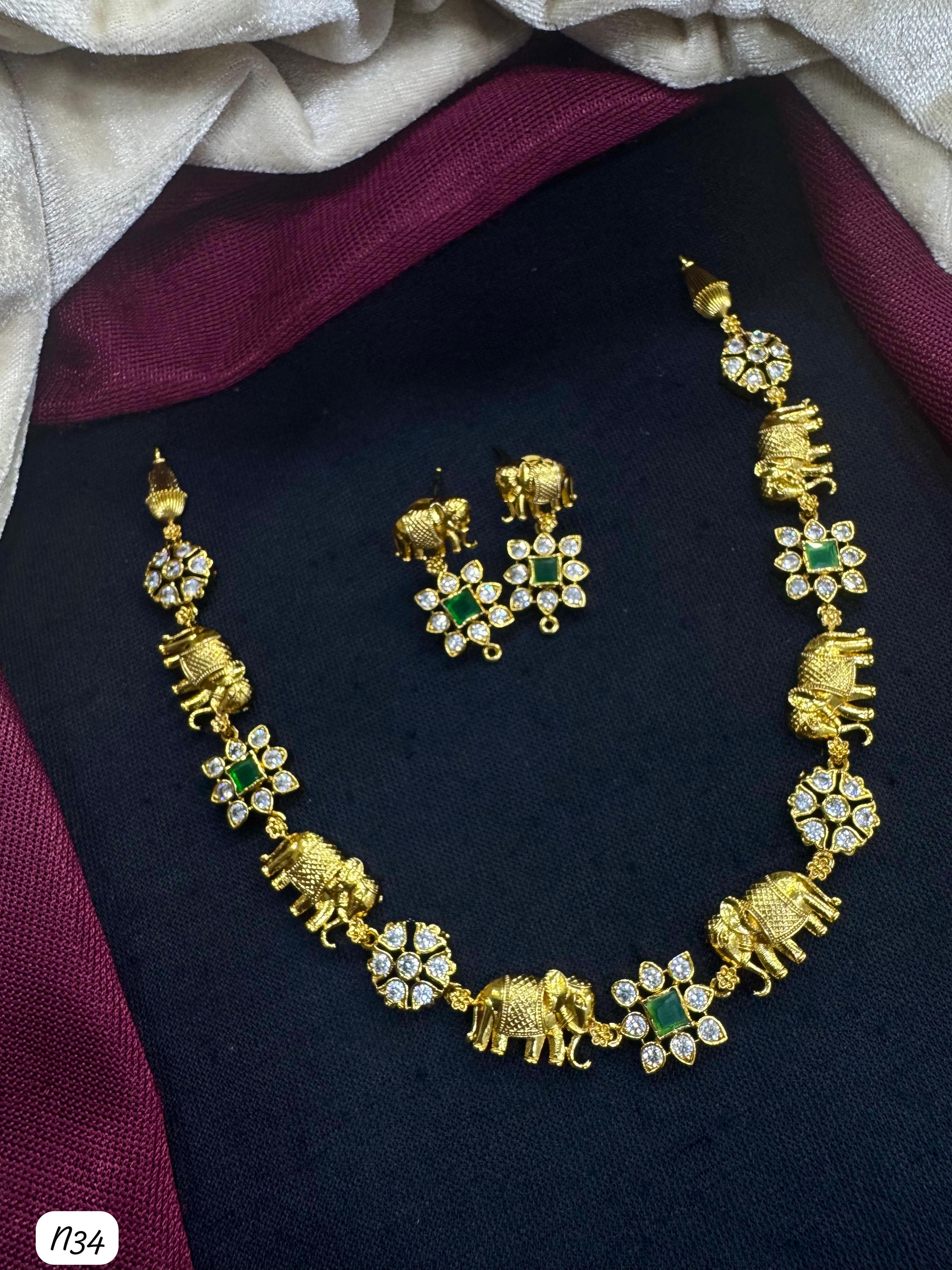 Traditional Gold Plated American Diamond Studded Elephant Design Choker Necklace Set