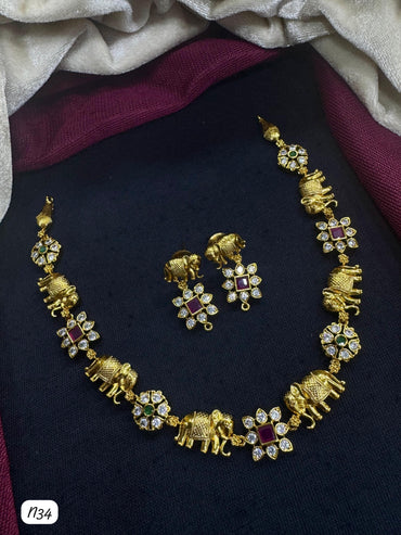 Traditional Gold Plated American Diamond Studded Elephant Design Choker Necklace Set