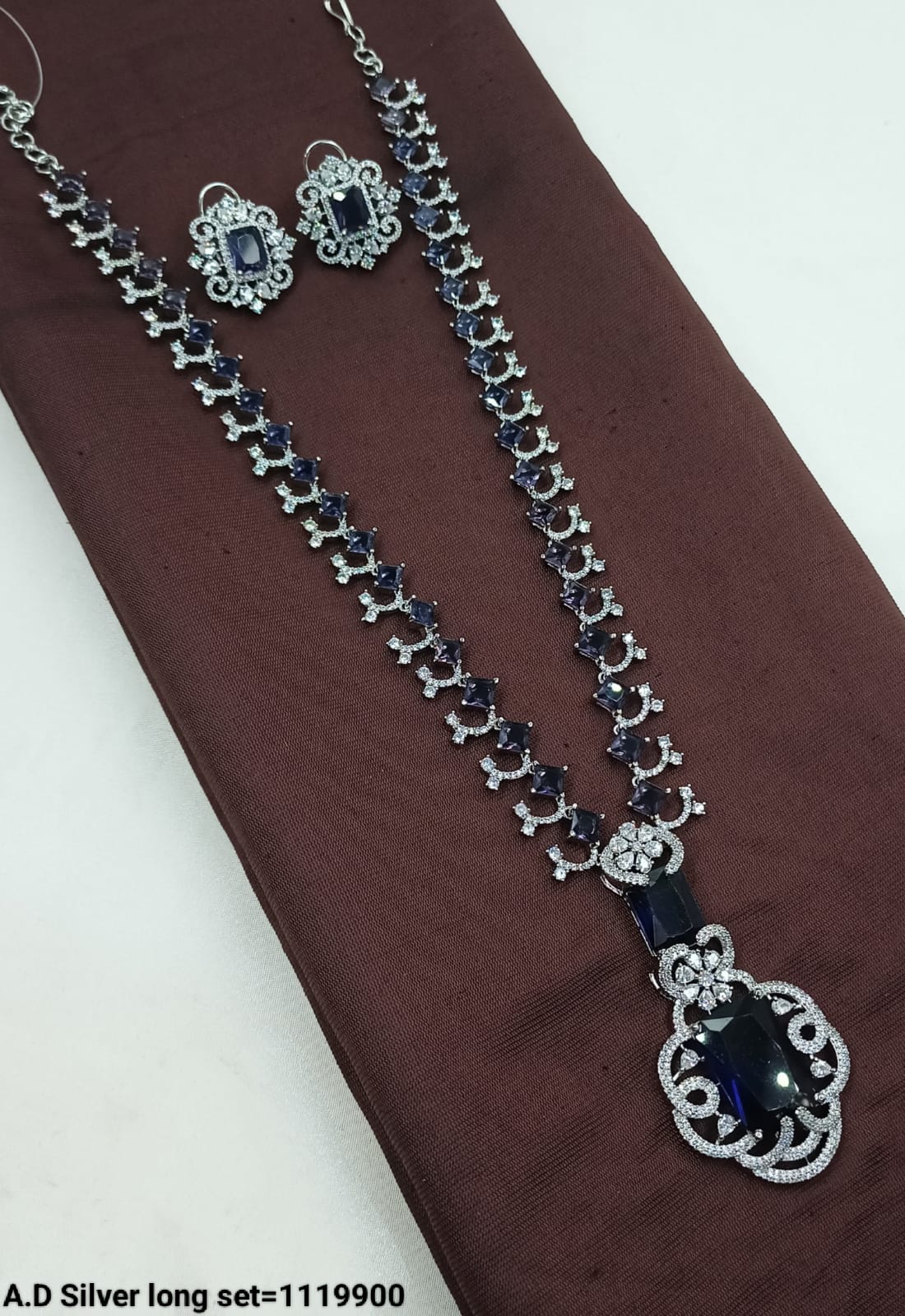 Elegant Silver Long AD Necklace and Earring Set – Stunning Design for Any Occasion