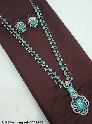 Elegant Silver Long AD Necklace and Earring Set – Stunning Design for Any Occasion