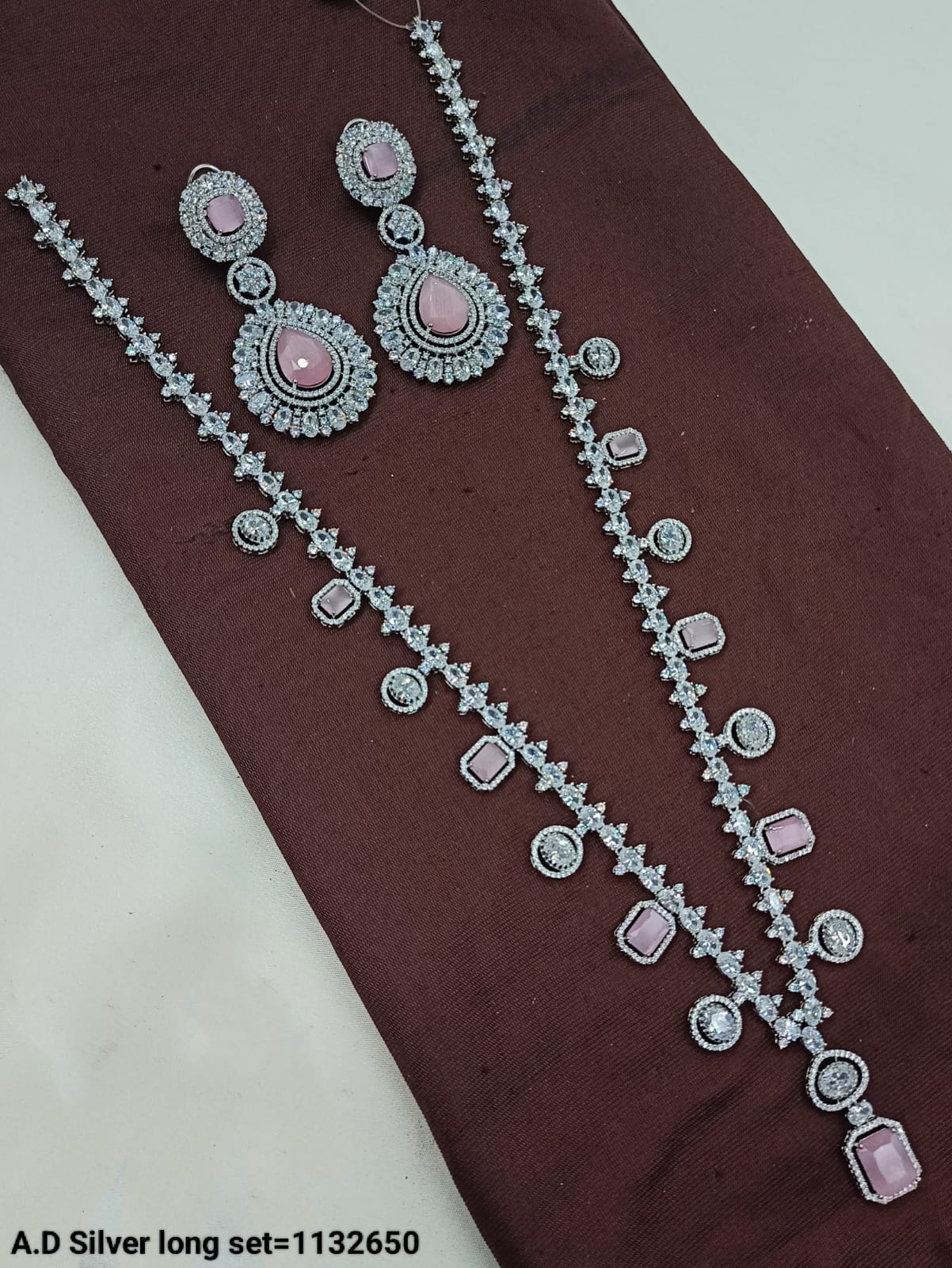 AD Silver Long Necklace and Earring Set with Stone Detailing - Lucentemarket