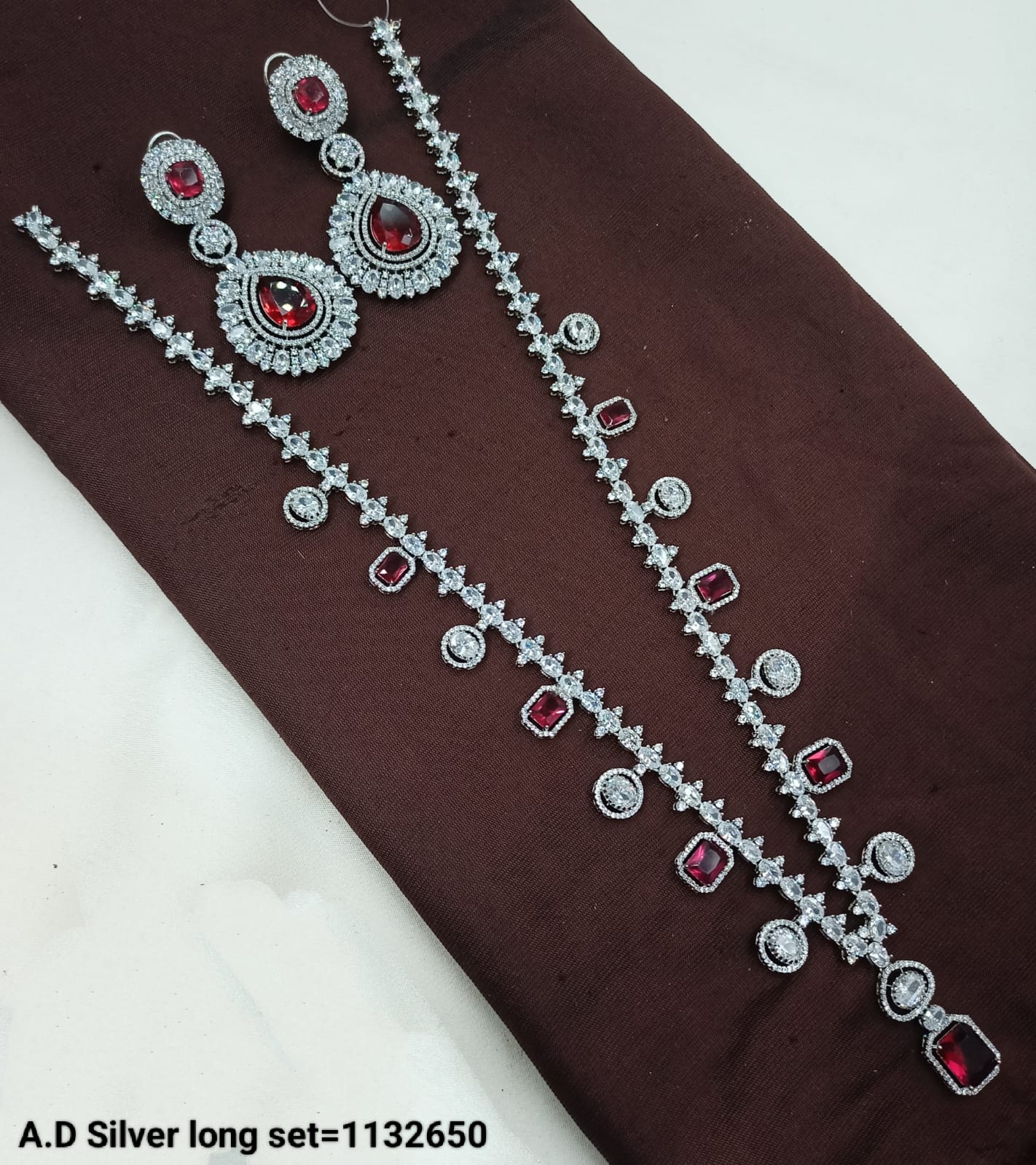 AD Silver Long Necklace and Earring Set with Stone Detailing - Lucentemarket