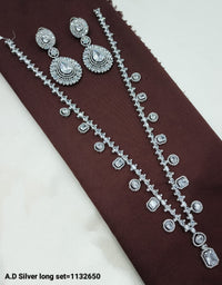 AD Silver Long Necklace and Earring Set with Stone Detailing - Lucentemarket