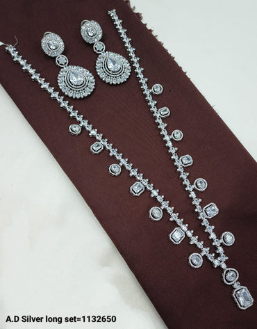 AD Silver Long Necklace and Earring Set with Stone Detailing - Lucentemarket